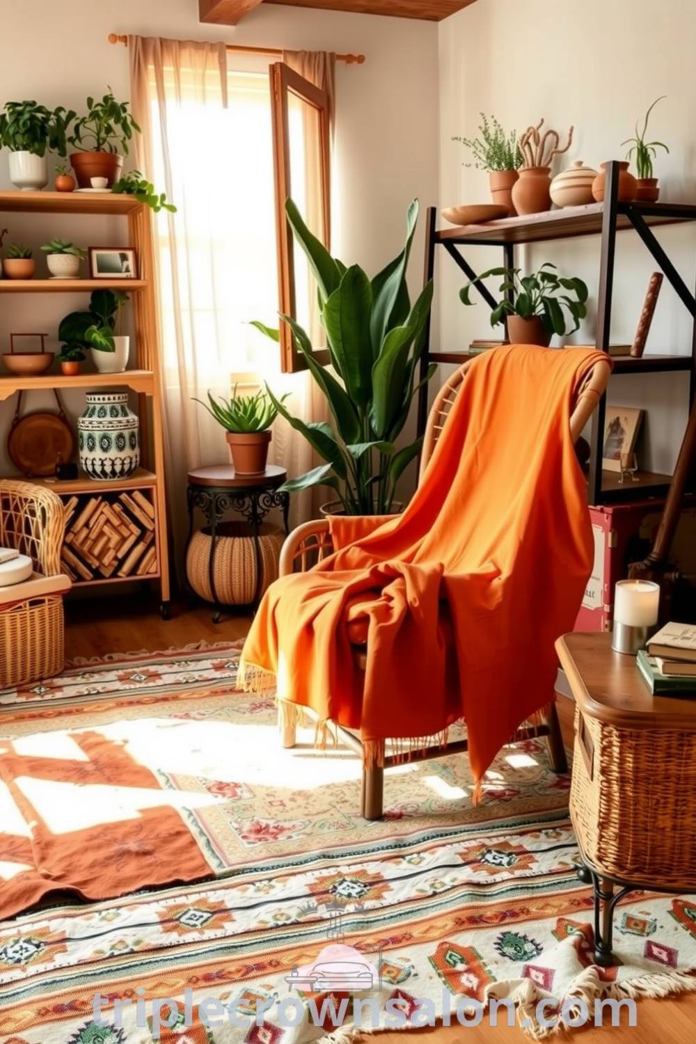 Boho living room showcasing a warm orange glow, vintage wicker chair, layered earthy rugs, and potted plants, creating a cozy retreat with unique design ideas for your home, from fireplacesandwoodstoves.com.