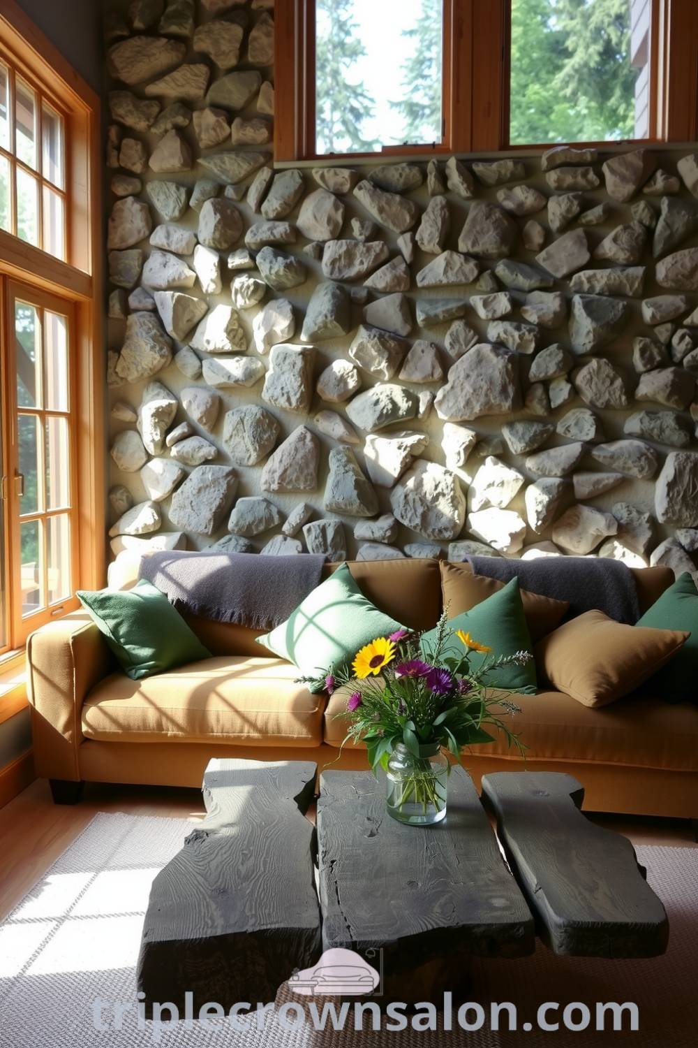 Cozy living room with large windows, a plush earthy-toned sofa, vibrant wildflowers in a vase, and a reclaimed wooden coffee table against a stone wall, offering design ideas for a serene and inviting home atmosphere on triplecrownsalon.com.