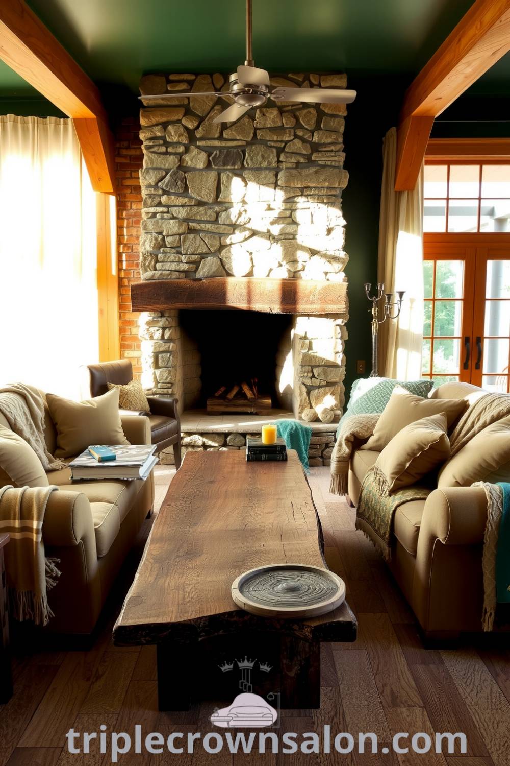 Rustic living room featuring deep green tones, weathered wood furniture, an inviting couch with soft blankets, and a stone fireplace, creating a cozy atmosphere perfect for family gatherings and relaxation. Visit fireplacesandwoodstoves.com for cozy design ideas and inspirations.