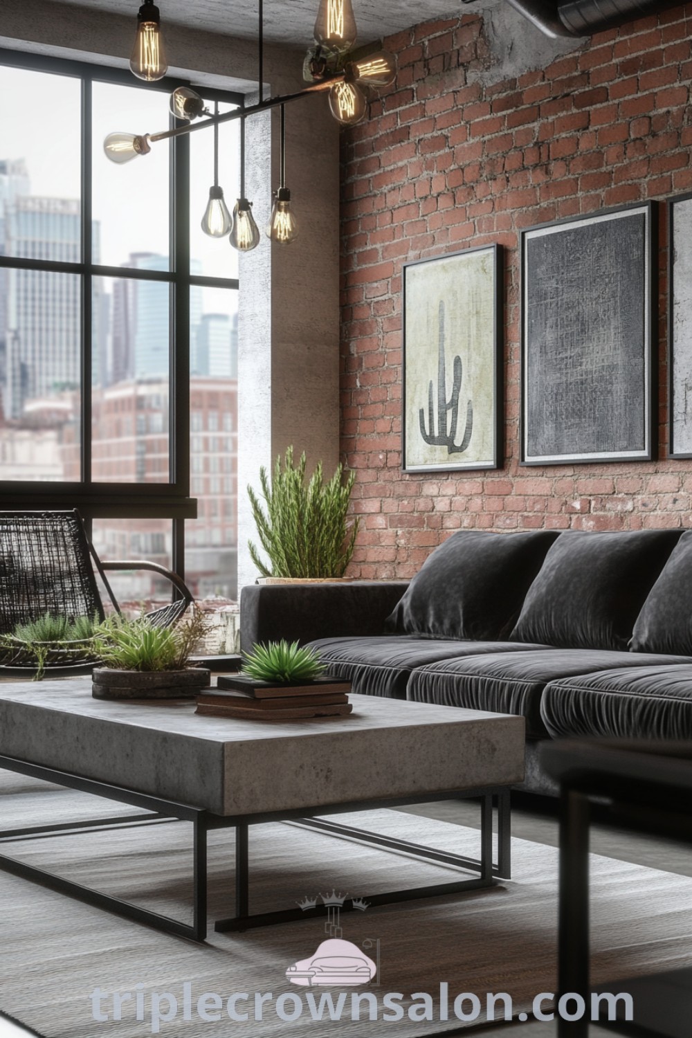 An industrial living room with exposed brick walls, stylish couches, a coffee table, and potted plants, showcasing modern decor ideas and inspirations for urban loft living. Enhance your space with cozy aesthetics and design tips for a unique touch. Visit triplecrownsalon.com for more design inspirations.