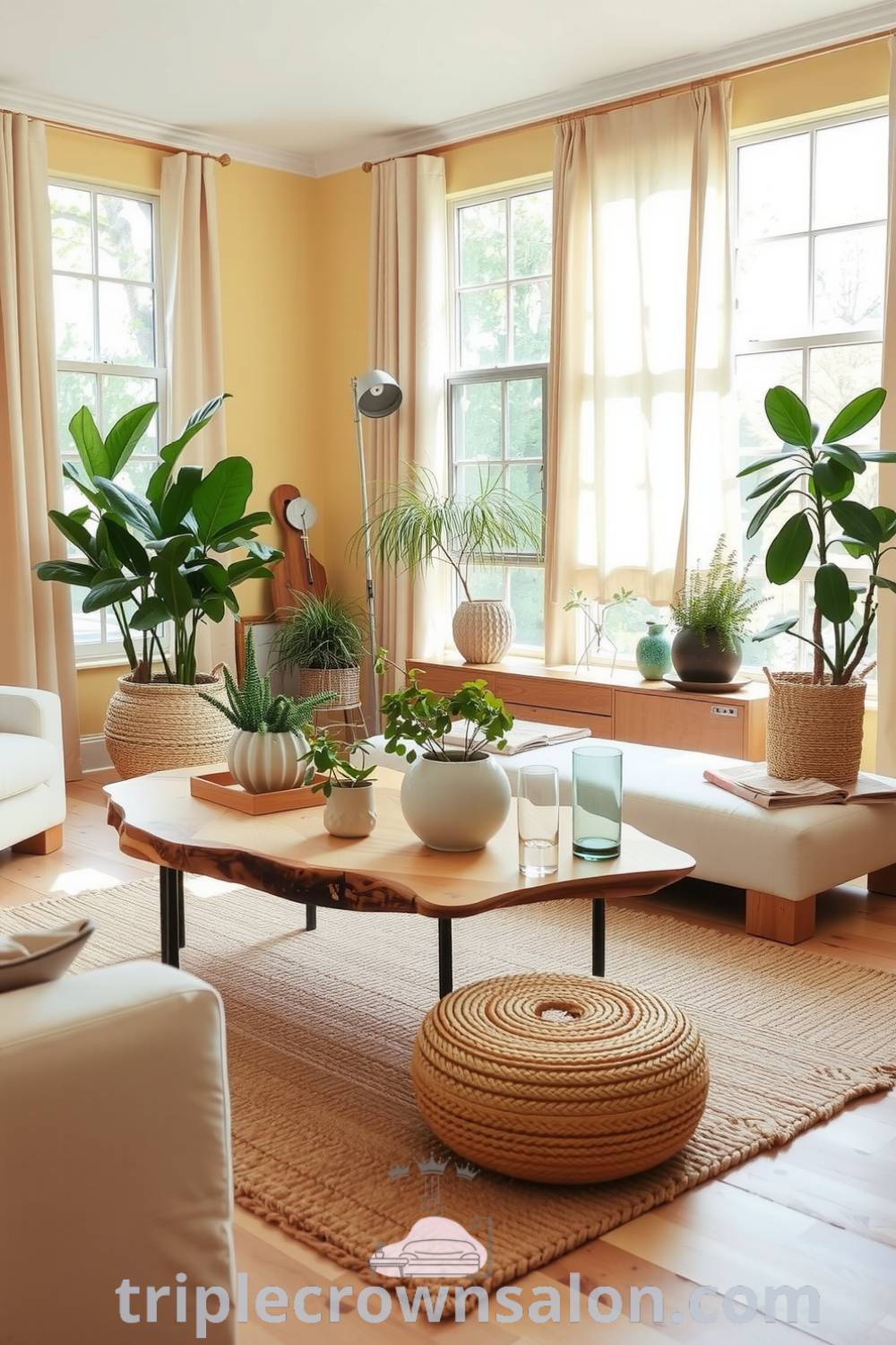 Soft yellow-toned Japandi living room featuring natural wood accents, a reclaimed timber coffee table, plush woven rug, large windows with light linen curtains, and an array of potted plants, creating a cozy aesthetic and welcoming space for relaxation and gatherings. Visit triplecrownsalon.com for unique ideas.