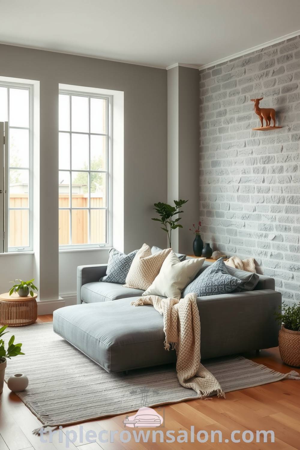 Scandinavian living room with soft grey tones, large unadorned windows, a plush low-profile sofa layered with throws and cushions, warm wooden flooring, a simple handwoven rug, potted plants, creating a cozy atmosphere ideal for relaxation, with decor ideas for small spaces. Visit triplecrownsalon.com.