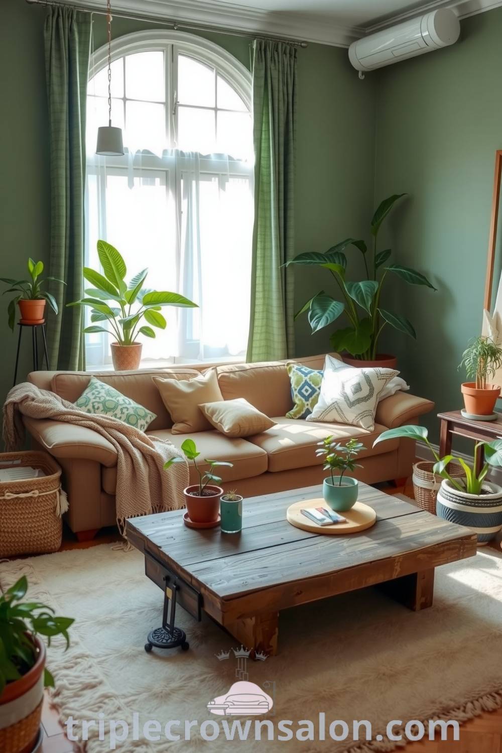 Cozy boho living room featuring muted green tones, layered textiles, and a rustic coffee table, surrounded by potted plants, creating an inviting atmosphere perfect for relaxation and gatherings, with inspiring decor ideas for your home at fireplacesandwoodstoves.com.