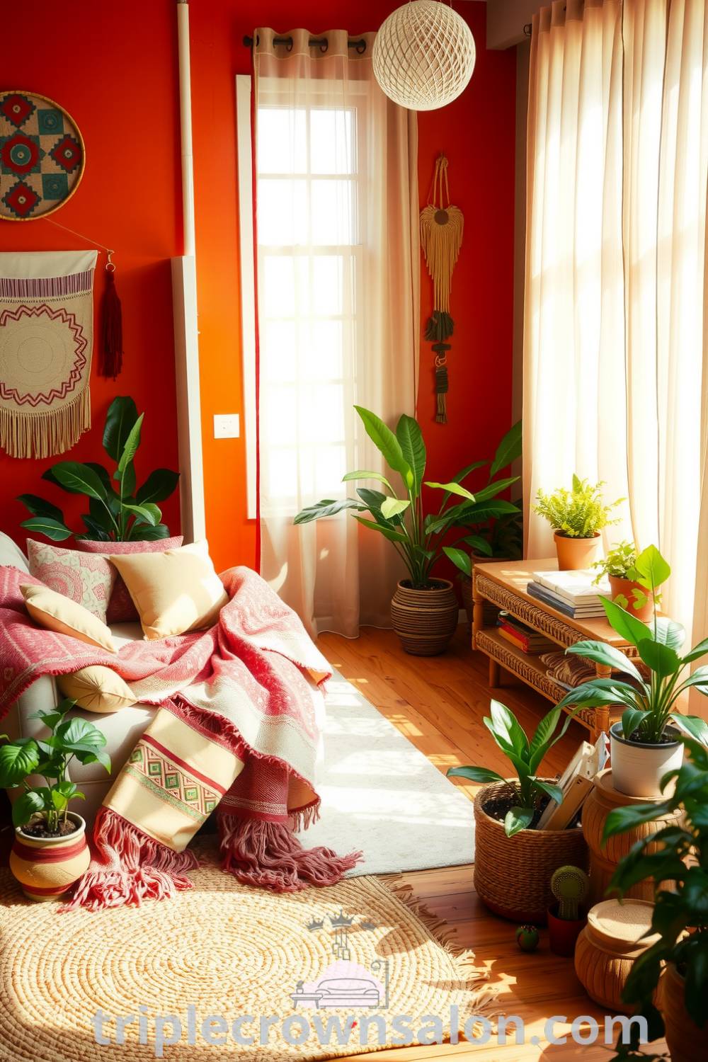 Boho living room with a plush oversized sofa draped in patterned throws, warm orange tones, woven rugs, and potted plants, highlighted by natural light filtering through sheer curtains, showcasing eclectic decor like handcrafted art and mismatched cushions. Cozy home design ideas from fireplacesandwoodstoves.com.