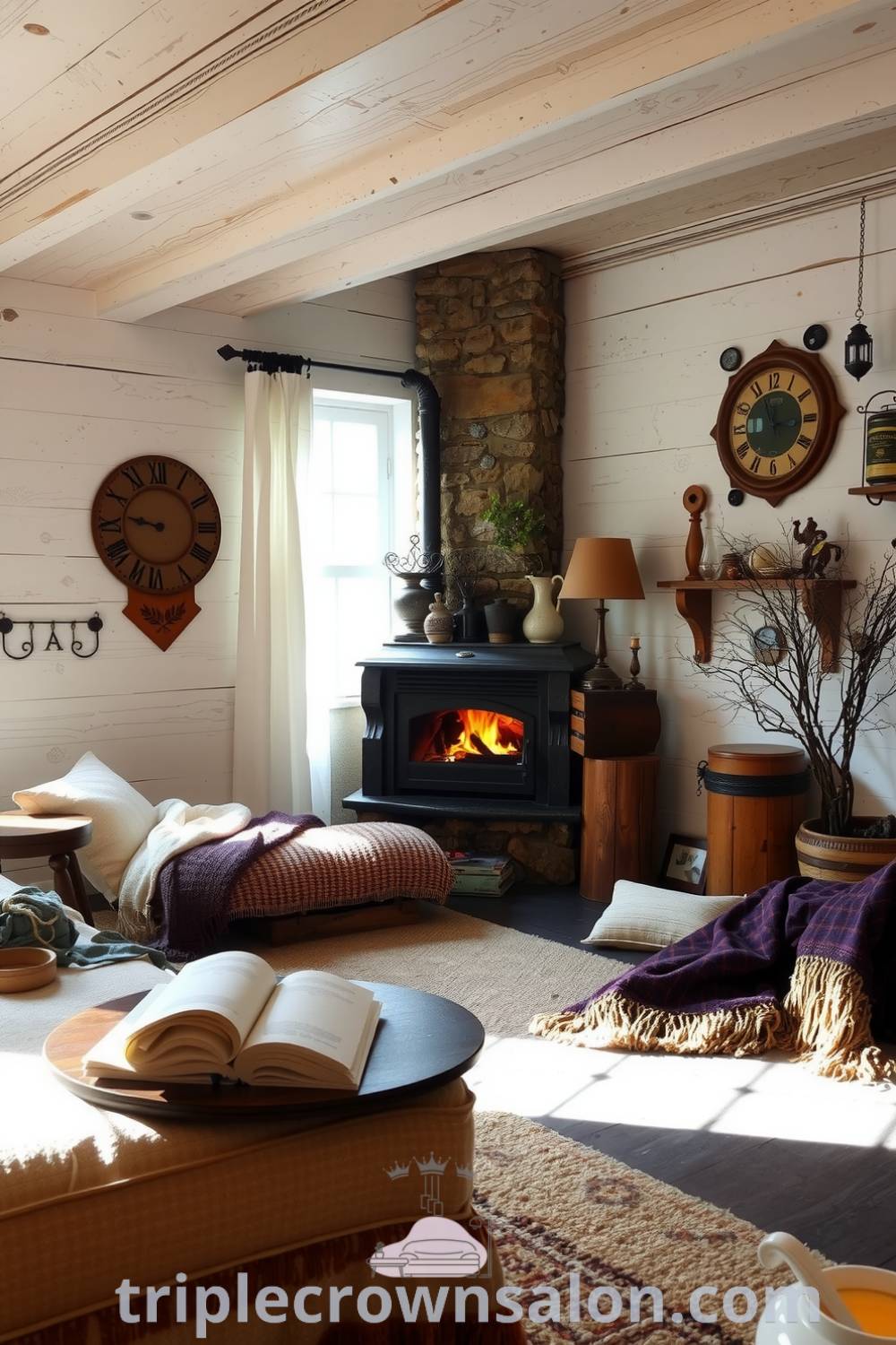 Rustic living room with whitewashed wooden walls, a plush sofa, an aged stone fireplace, and natural light filtering through sheer curtains, featuring cozy decor ideas that inspire a warm home atmosphere, as seen on fireplacesandwoodstoves.com.