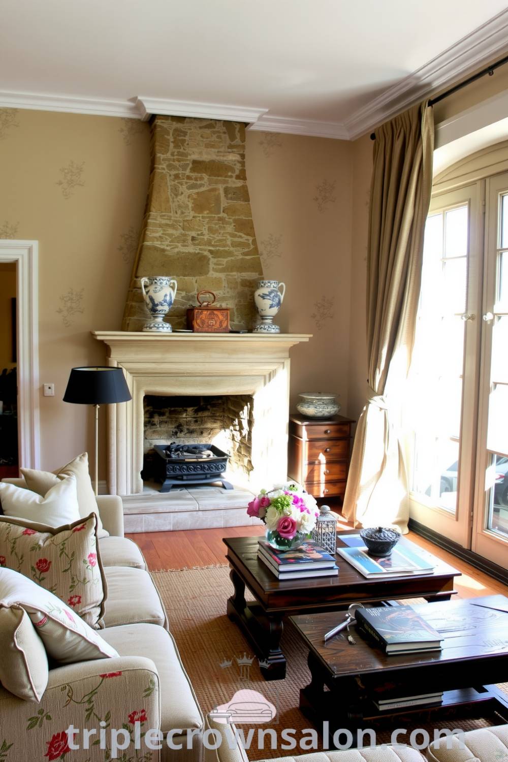 Cozy French living room with warm beige walls, floral patterns, a plump sofa, a rustic stone fireplace, and antique wooden furniture decorated with books and fresh flowers, offering cozy ideas for your home. Visit triplecrownsalon.com for more decor inspirations.