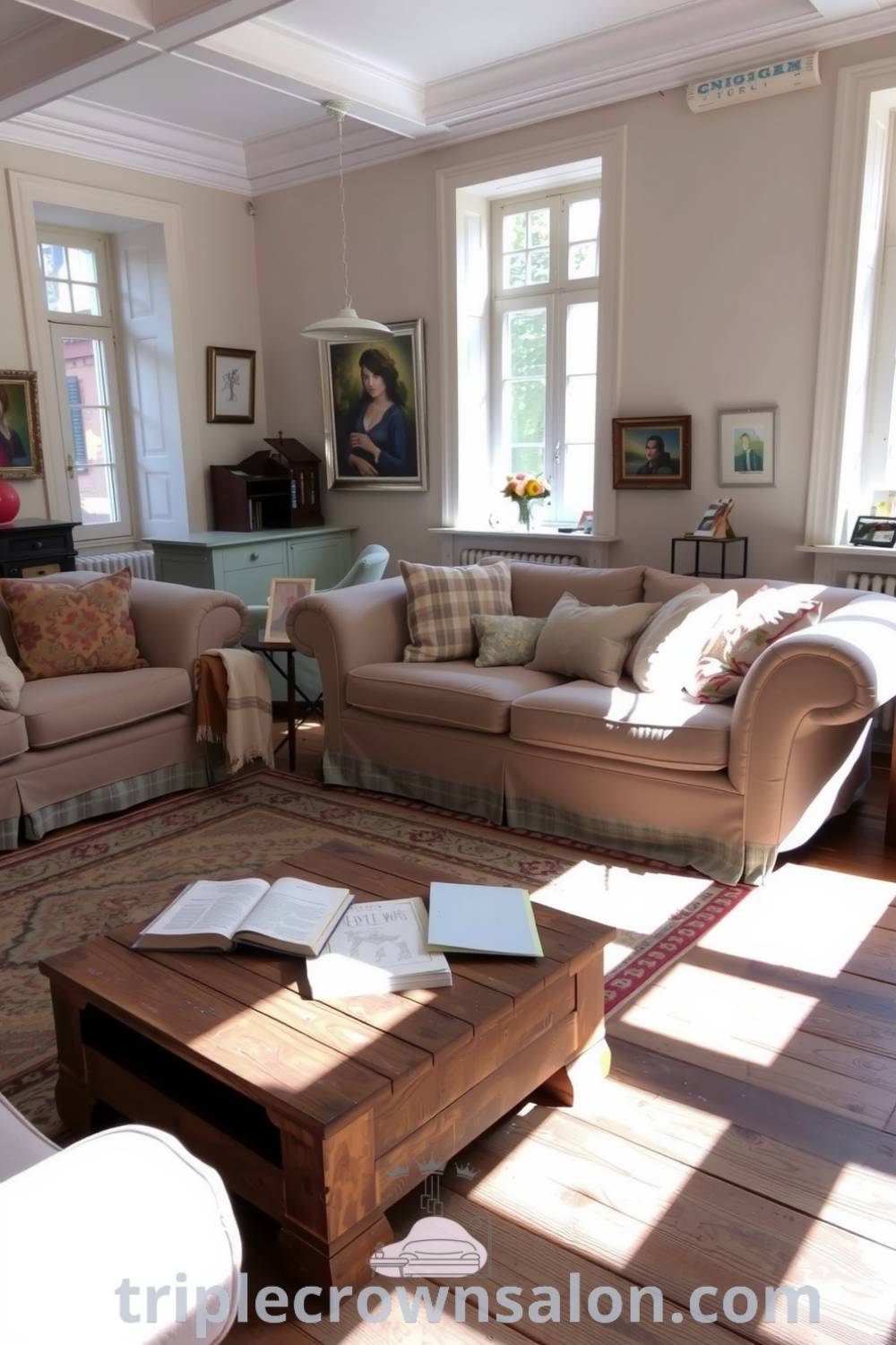 Cozy French living room with soft muted colors, worn wooden floors, overstuffed sofas, patterned cushions, rustic coffee table, vintage rug, and natural light from tall windows, offering decor ideas for a cozy home, inspiring living space designs, and unique ideas for small spaces, featured on triplecrownsalon.com.
