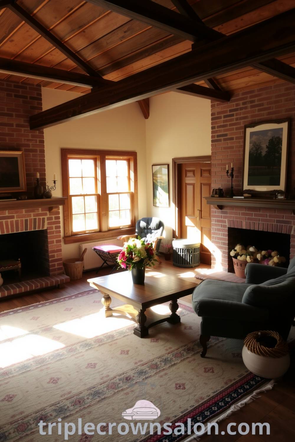 Cozy farmhouse living room featuring weathered wooden beams, a brick fireplace, a plush sofa, a handmade rug under a sturdy coffee table, large windows, and family photos, offering cozy ideas and inspiring decor ideas for your home, featured on triplecrownsalon.com.