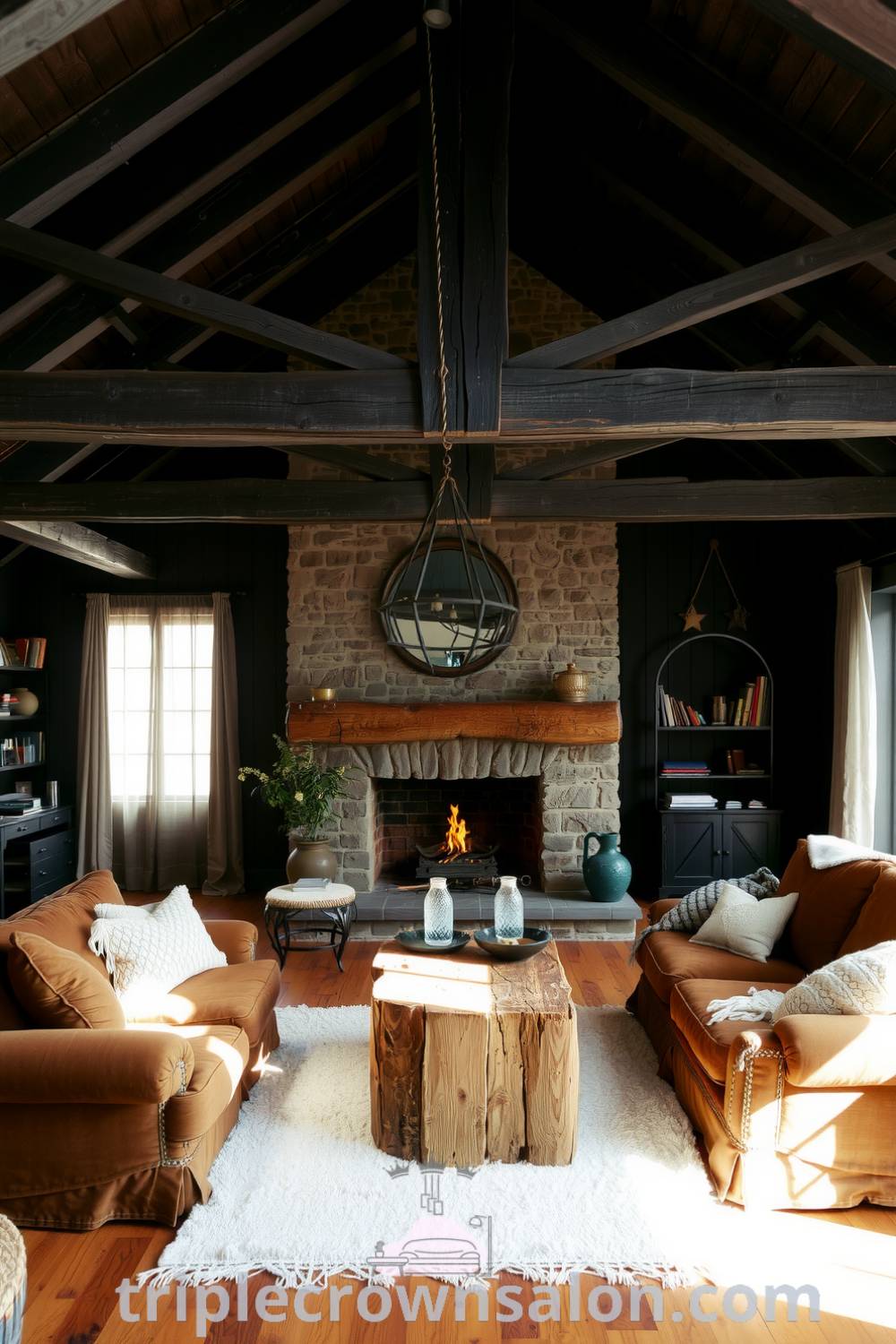 Cozy rustic living room featuring deep black wooden beams, a large stone fireplace, plush sofas, and a reclaimed wood coffee table, creating an inviting and warm atmosphere perfect for relaxation and conversation. Visit fireplacesandwoodstoves.com for cozy ideas and decor inspirations.