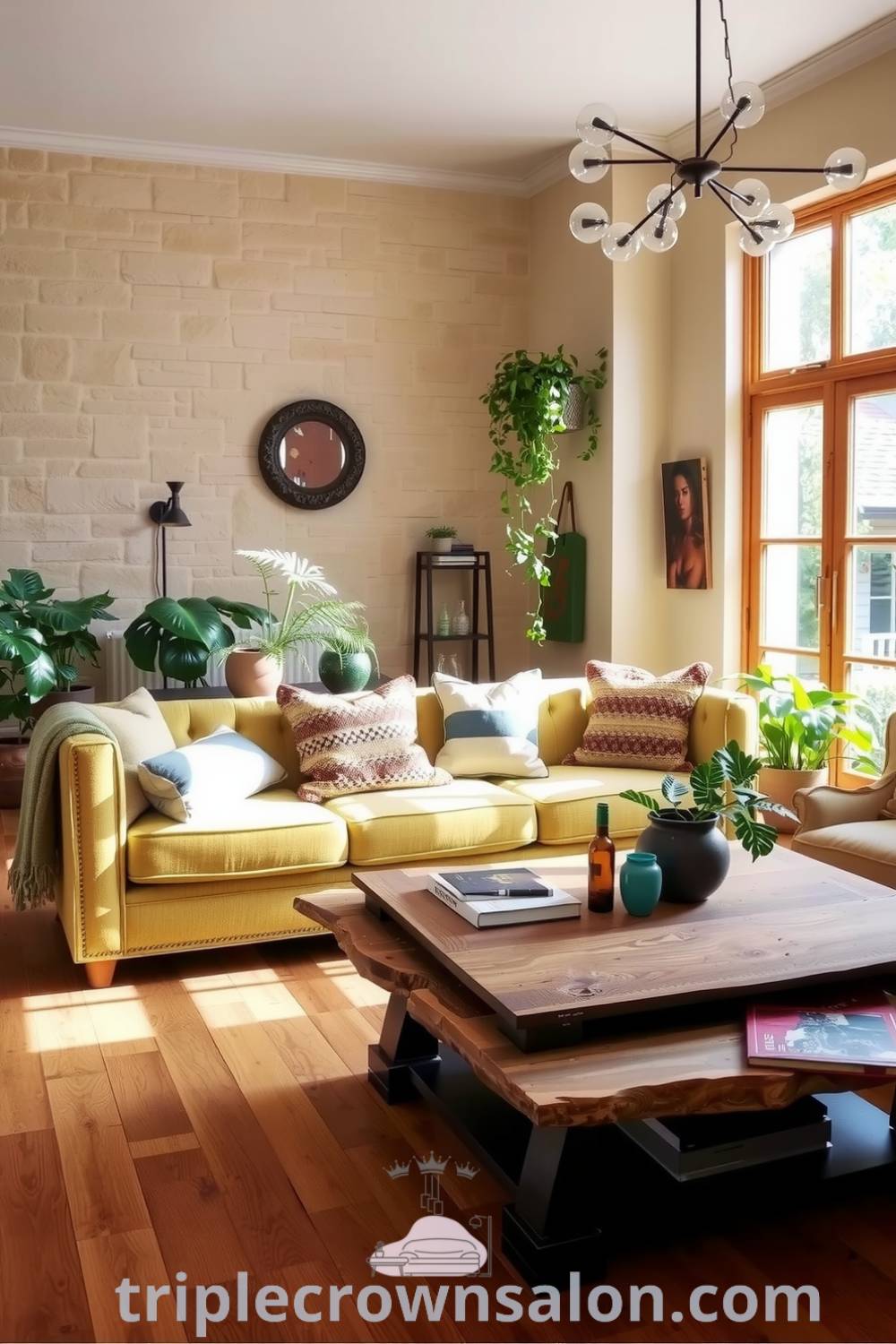 Nature-inspired living room with earthy tones, a plush moss-green sofa, handwoven cushions, sunlight filtering through large windows, an oak coffee table, and potted ferns creating a serene atmosphere at triplecrownsalon.com.