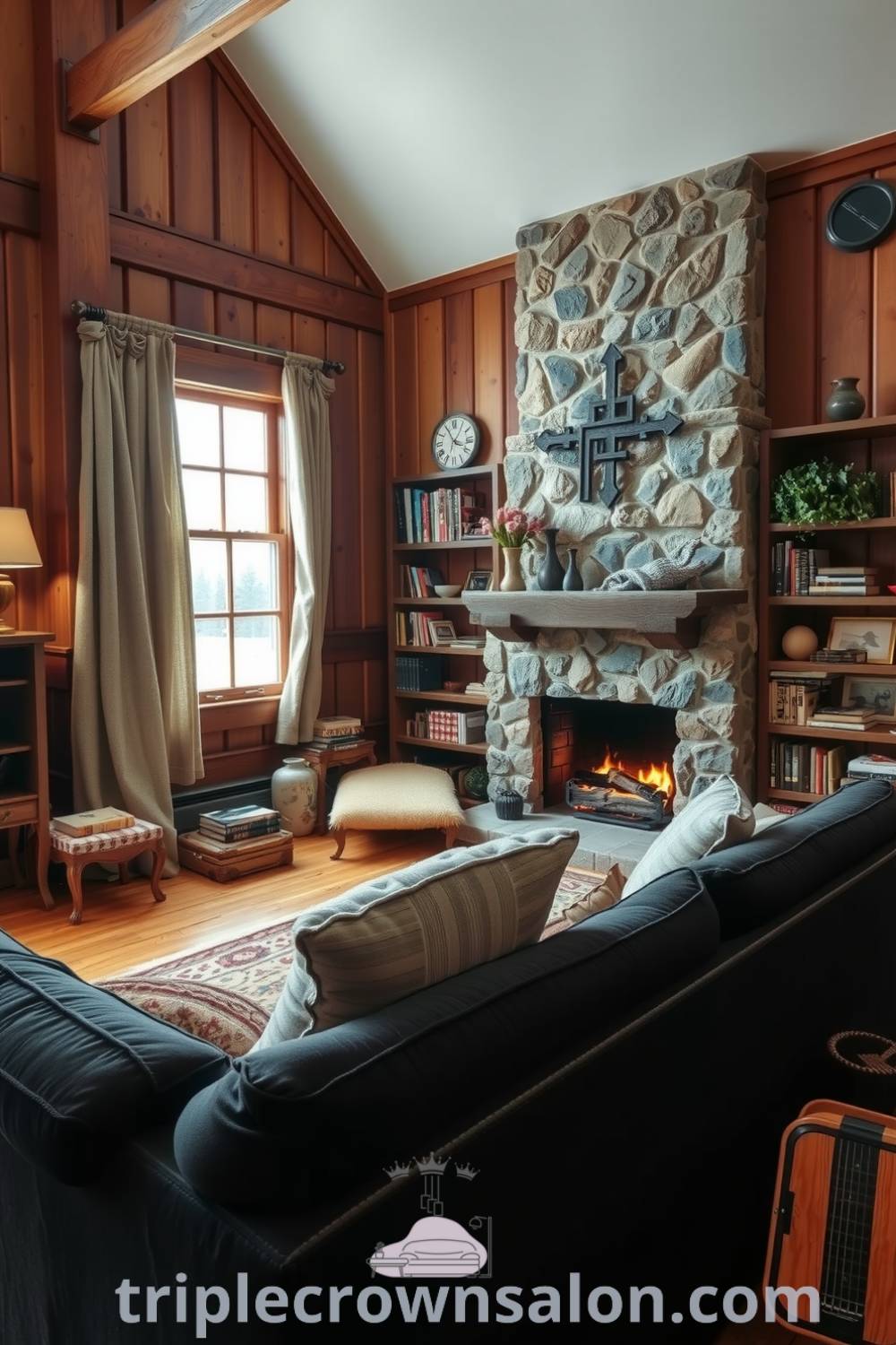 Cozy living room with rich wooden paneling, an overstuffed black couch, and a stone fireplace creating a warm atmosphere, complemented by rustic decor and well-loved books, providing inspiring cozy ideas for your home at fireplacesandwoodstoves.com.