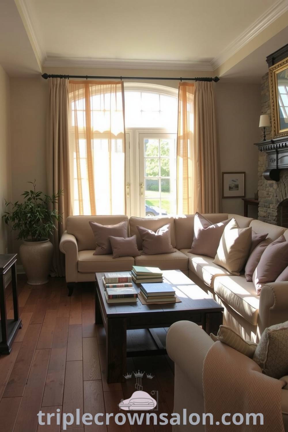 Cozy farmhouse living room with overstuffed sofa, rustic coffee table, sheer linen curtains, wooden floor, and stone fireplace, creating a warm and inviting atmosphere; ideal for family gatherings and relaxation. Visit triplecrownsalon.com for inspiring decor ideas.