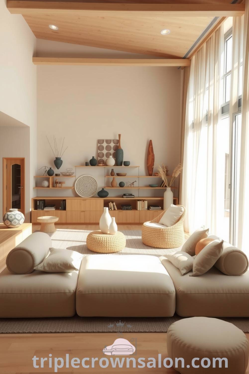 Japandi living room with soft beige tones, smooth wooden surfaces, woven textiles, and handcrafted decor, creating a cozy and serene space ideal for relaxation and reflection, with design ideas perfect for your home at triplecrownsalon.com.