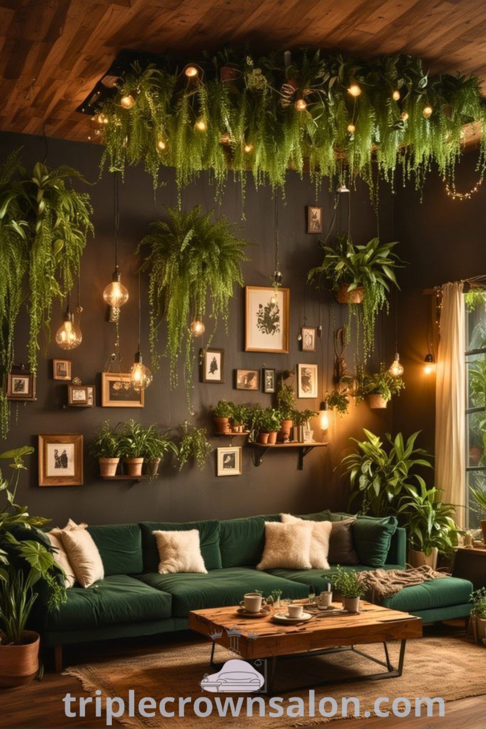 A vibrant living room featuring green couches and potted plants hanging from the ceiling, showcasing botanical decor ideas and unique inspirations for a cozy home. This scene offers tips for creating a sanctuary with a moody yet bright aesthetic. Explore more design trends at triplecrownsalon.com.