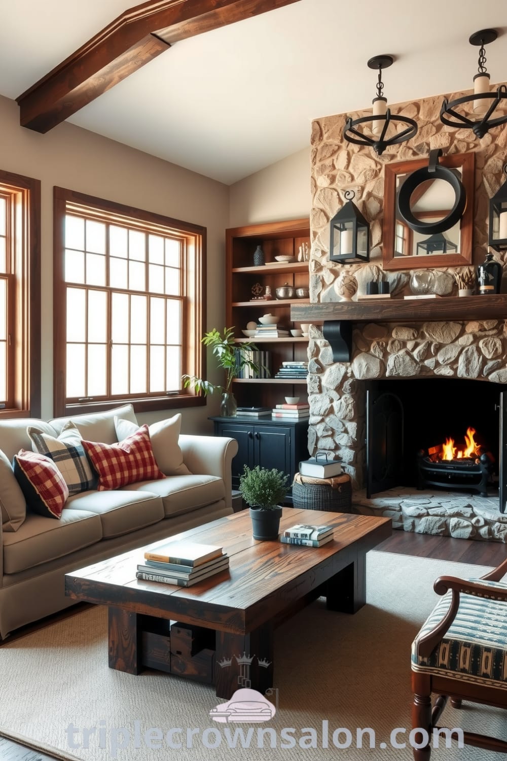 Rustic living room design featuring a cozy sofa with patchwork pillows, a reclaimed timber coffee table, and a stone fireplace with a crackling fire, offering inspiring ideas for your home decor at fireplacesandwoodstoves.com.