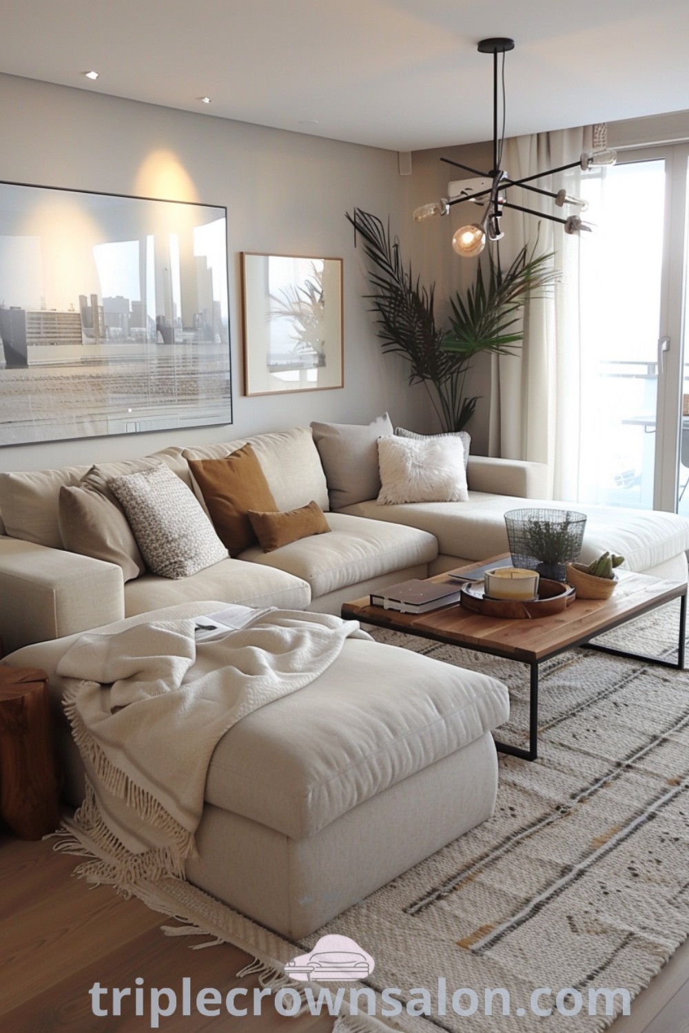 A stylish compact living room showcasing clean decor inspirations and Scandinavian design, ideal for small spaces. The inviting atmosphere enhances functionality while providing cozy ideas for apartment living. Explore unique decor ideas for your home at triplecrownsalon.com.