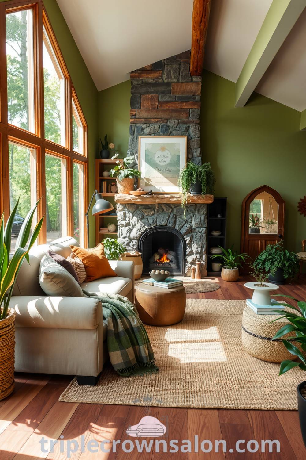 Nature-inspired living room featuring warm green walls, inviting sofa, reclaimed wood backdrop, stone fireplace, potted plants, and a jute rug, creating a cozy aesthetic that incorporates tranquility and outdoor inspiration in your home. Visit triplecrownsalon.com for more cozy ideas and decor inspirations.
