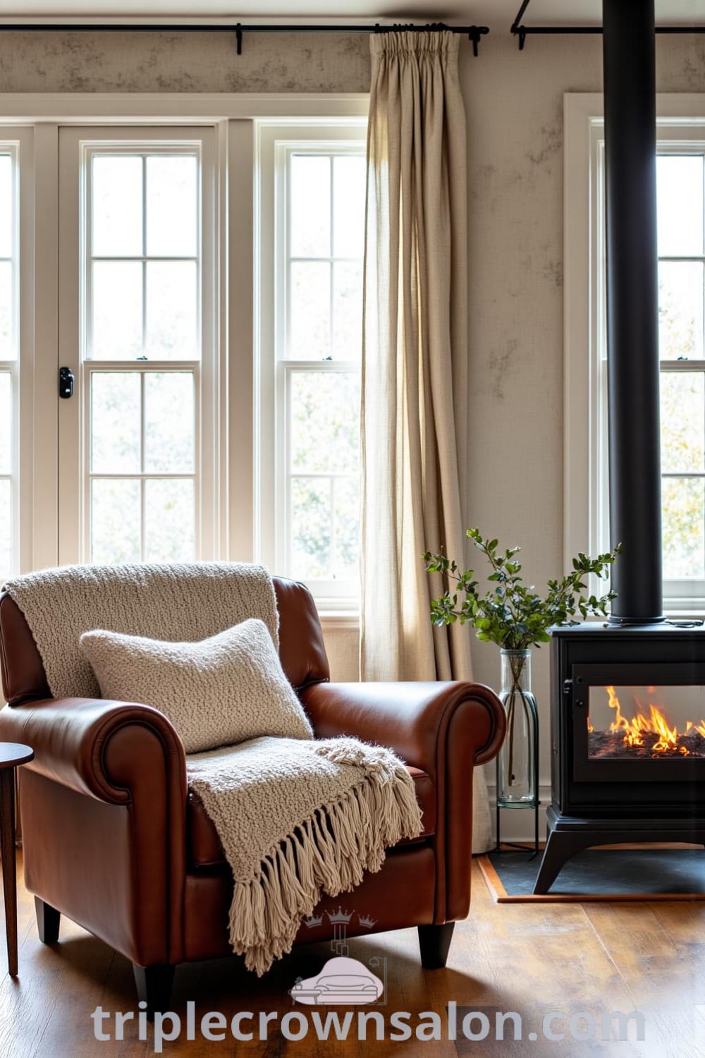 Cozy rustic living room featuring soft light filtering through linen curtains, reclaimed wood furniture, a hand-knit throw draped over a leather armchair, and a warm atmosphere with a fireplace, perfect for inspiring ideas for your home from fireplacesandwoodstoves.com.