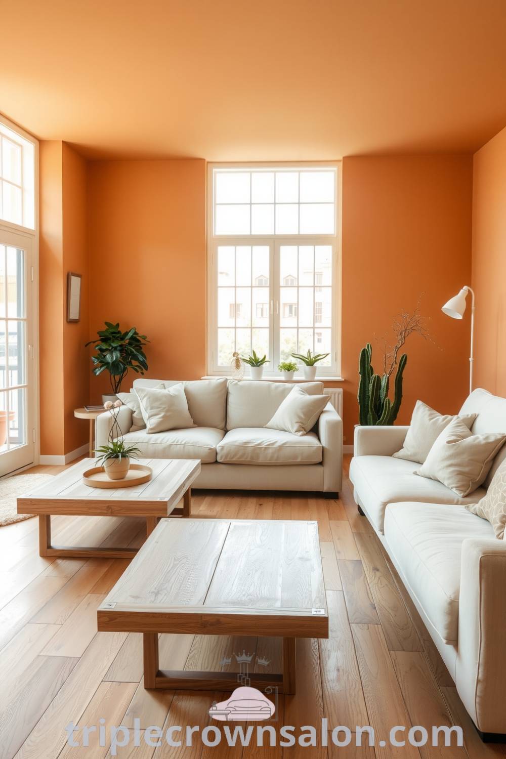 Cozy Scandinavian living room showcasing soft orange tones, natural light, a plush cream sofa, a unique wooden coffee table, and delicate houseplants, creating an inviting atmosphere for relaxation and stylish decor. Visit triplecrownsalon.com for more cozy home design ideas.