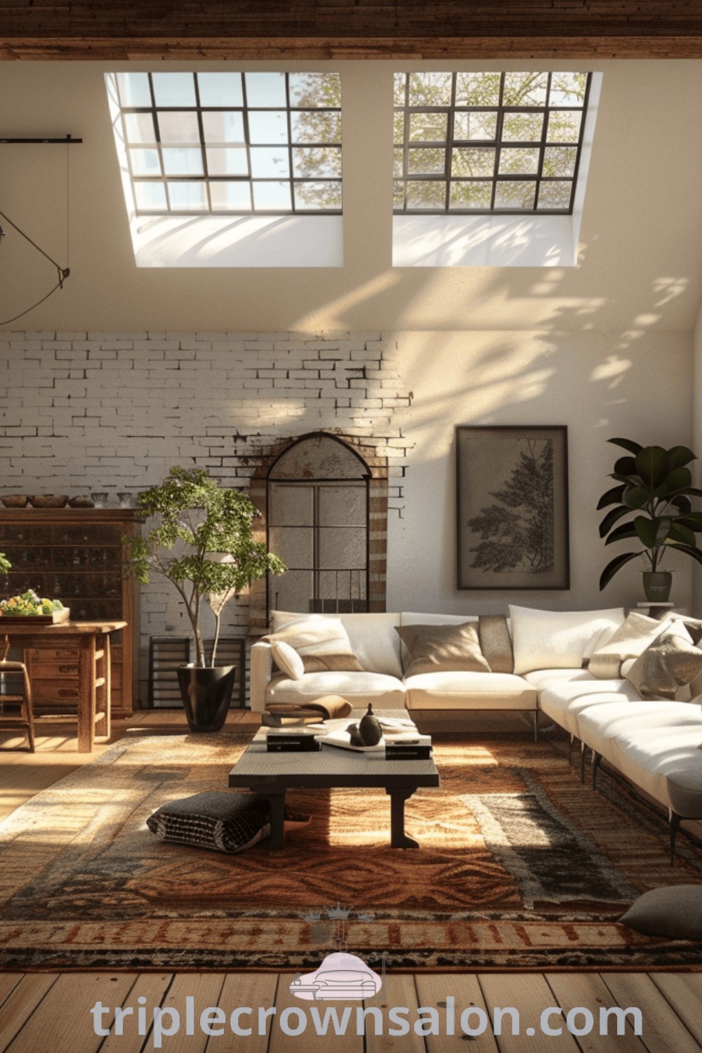 A cozy living room featuring an abundance of stylish furniture next to a brick wall with large windows, creating a bright and inviting atmosphere. This space showcases inspiring decor ideas and unique designs for your home. Explore more at triplecrownsalon.com.