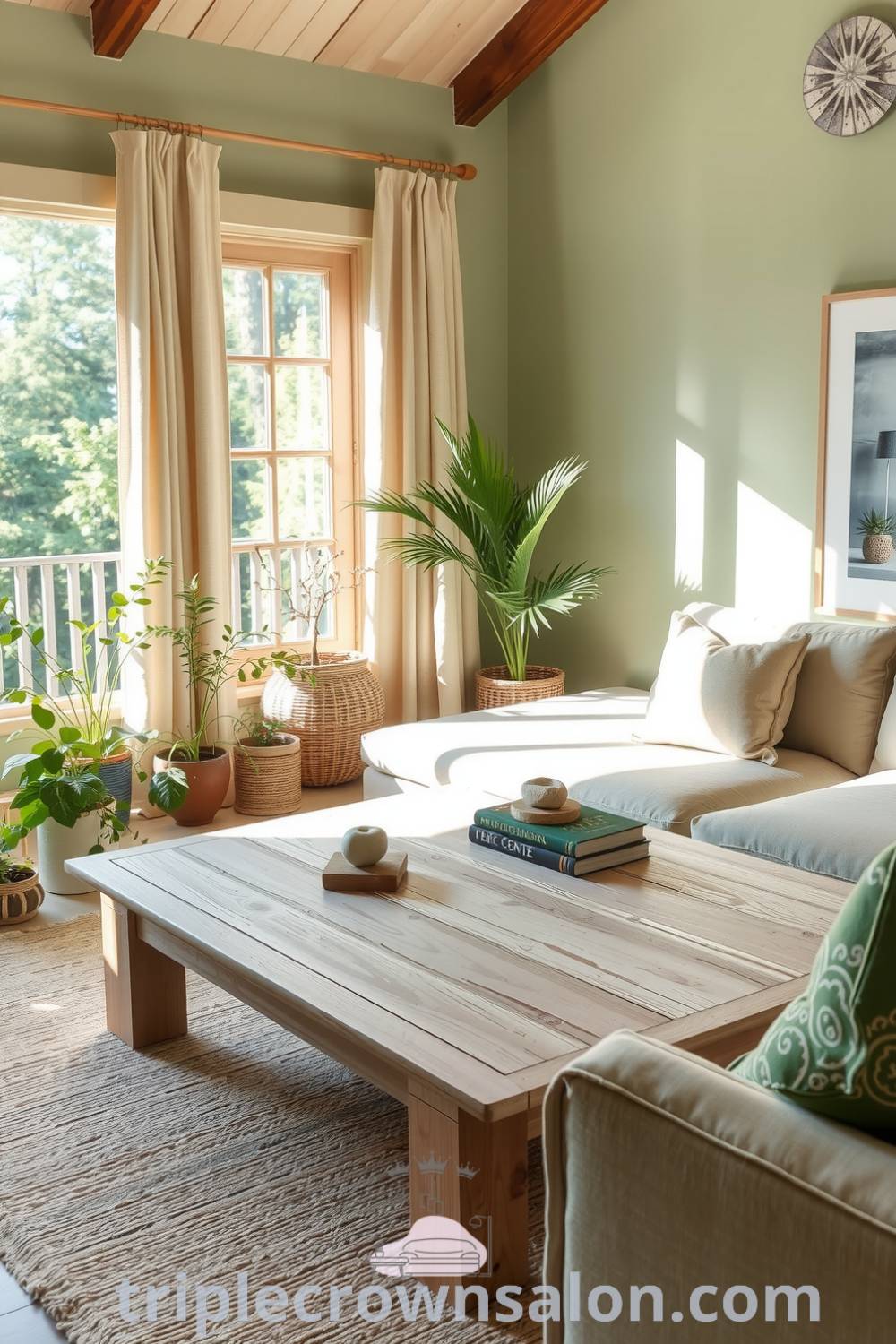 Cozy nature-inspired living room with soft green and beige tones, natural wood furniture, textured jute rug, potted plants, and sunlight filtering through linen curtains, creating an inviting and tranquil atmosphere. Ideas for your home that inspire a cozy aesthetic can be found at triplecrownsalon.com.