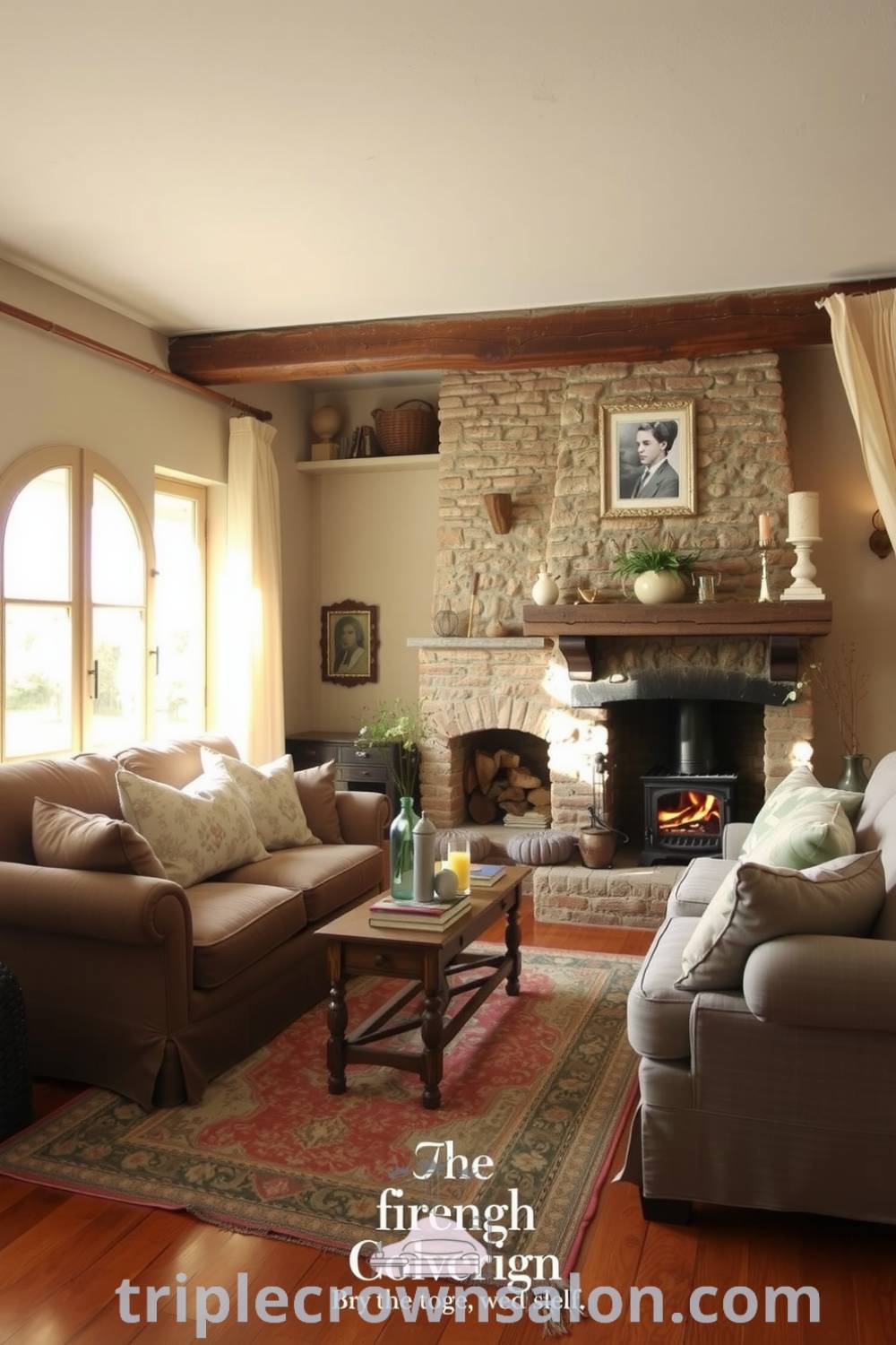 Warm French living room featuring plush, worn-in furniture, a rustic stone fireplace, timeworn wooden beams, sheer curtains, and small potted plants, creating a cozy aesthetic ideal for relaxation and conversation. Visit triplecrownsalon.com for cozy home decor ideas and inspirations.