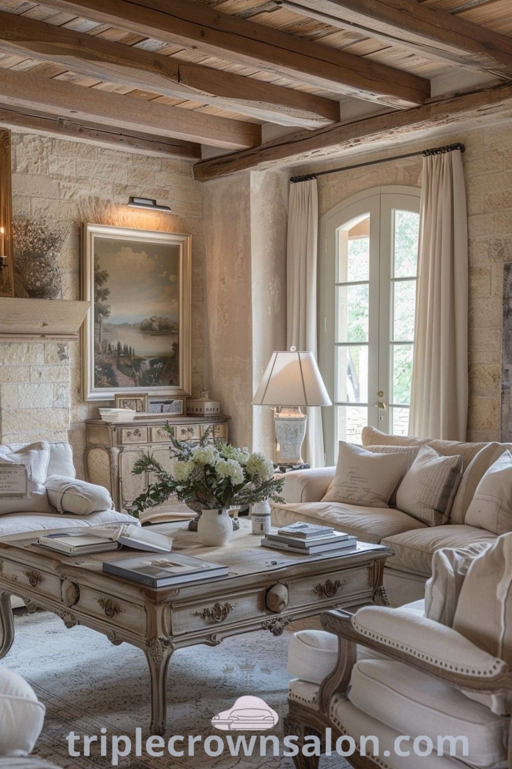 A cozy French Country living room featuring comfortable couches, rustic chairs, and a table by the fireplace, exemplifying country French decorating ideas and decor inspirations for a warm, inviting home. Discover more unique ideas for your home at triplecrownsalon.com.