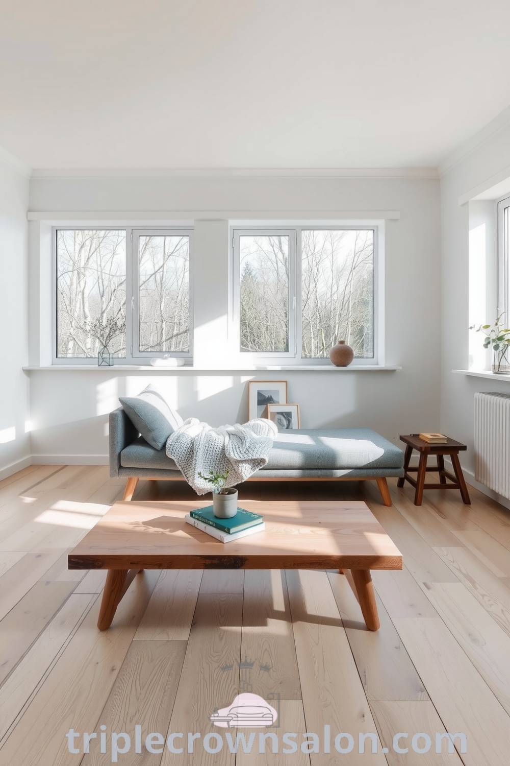 A serene Scandinavian living room with white walls, large windows, a grey sofa with a knit blanket, pale wooden flooring, a reclaimed wood coffee table with books and a potted plant, showcasing cozy ideas for a welcoming atmosphere. For more design tips visit triplecrownsalon.com.