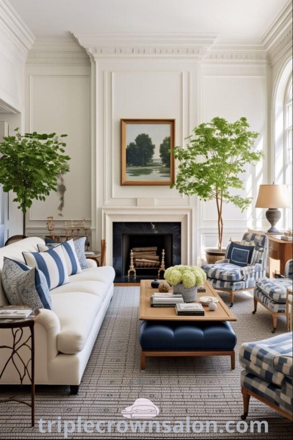 A cozy, elegant living room filled with refined furniture and a warm fireplace, showcasing Old Money living room decor ideas and classic Ralph Lauren interiors. This inviting space offers unique inspirations for traditional family rooms that blend comfort with a sophisticated aesthetic. Explore more design ideas at triplecrownsalon.com.