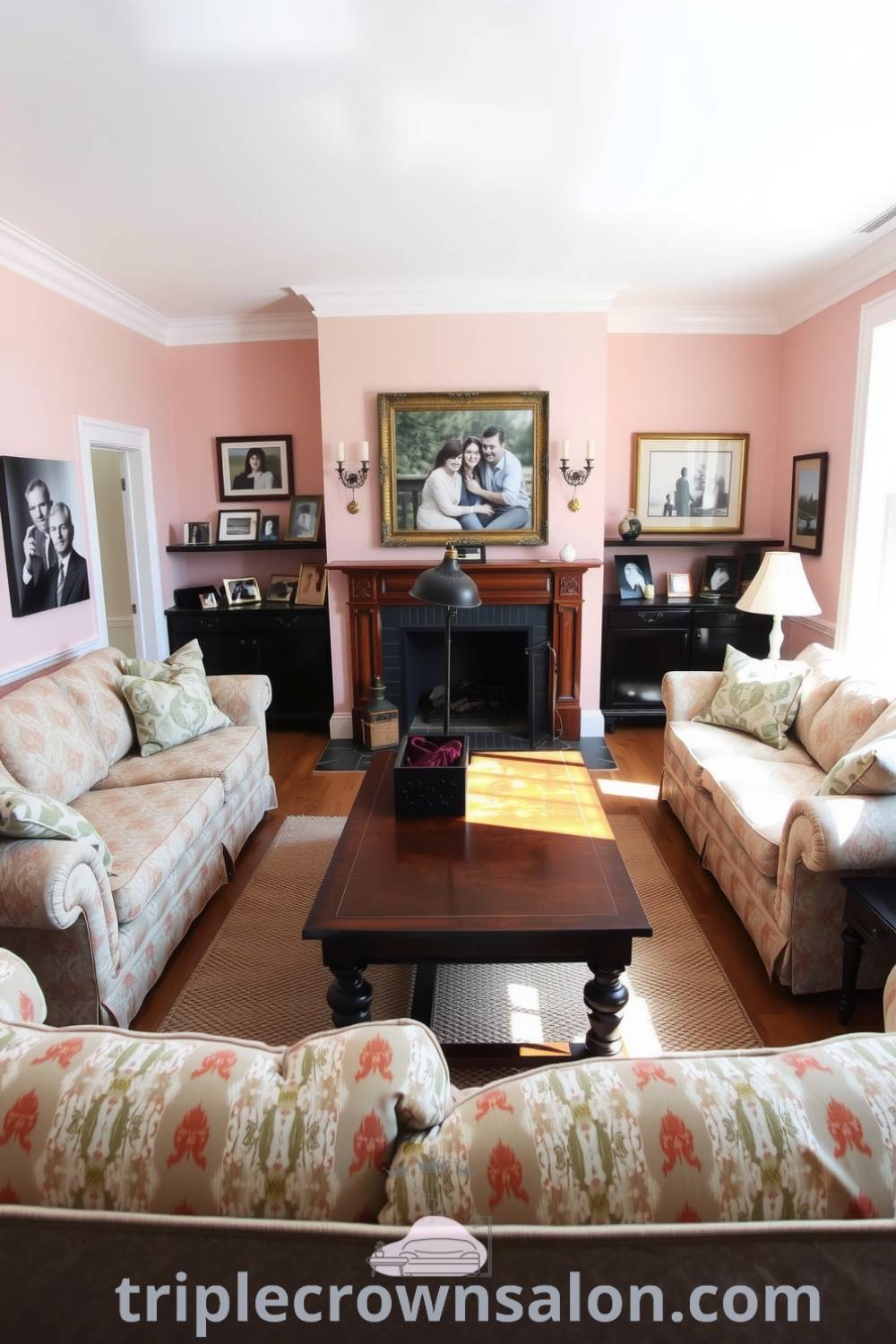 Cozy living room with soft pink walls, overstuffed patterned sofas, a rich mahogany coffee table, and a crackling fireplace, illuminated by sunlight from tall windows, providing inspiring decor ideas for a cozy home, featured on fireplacesandwoodstoves.com.
