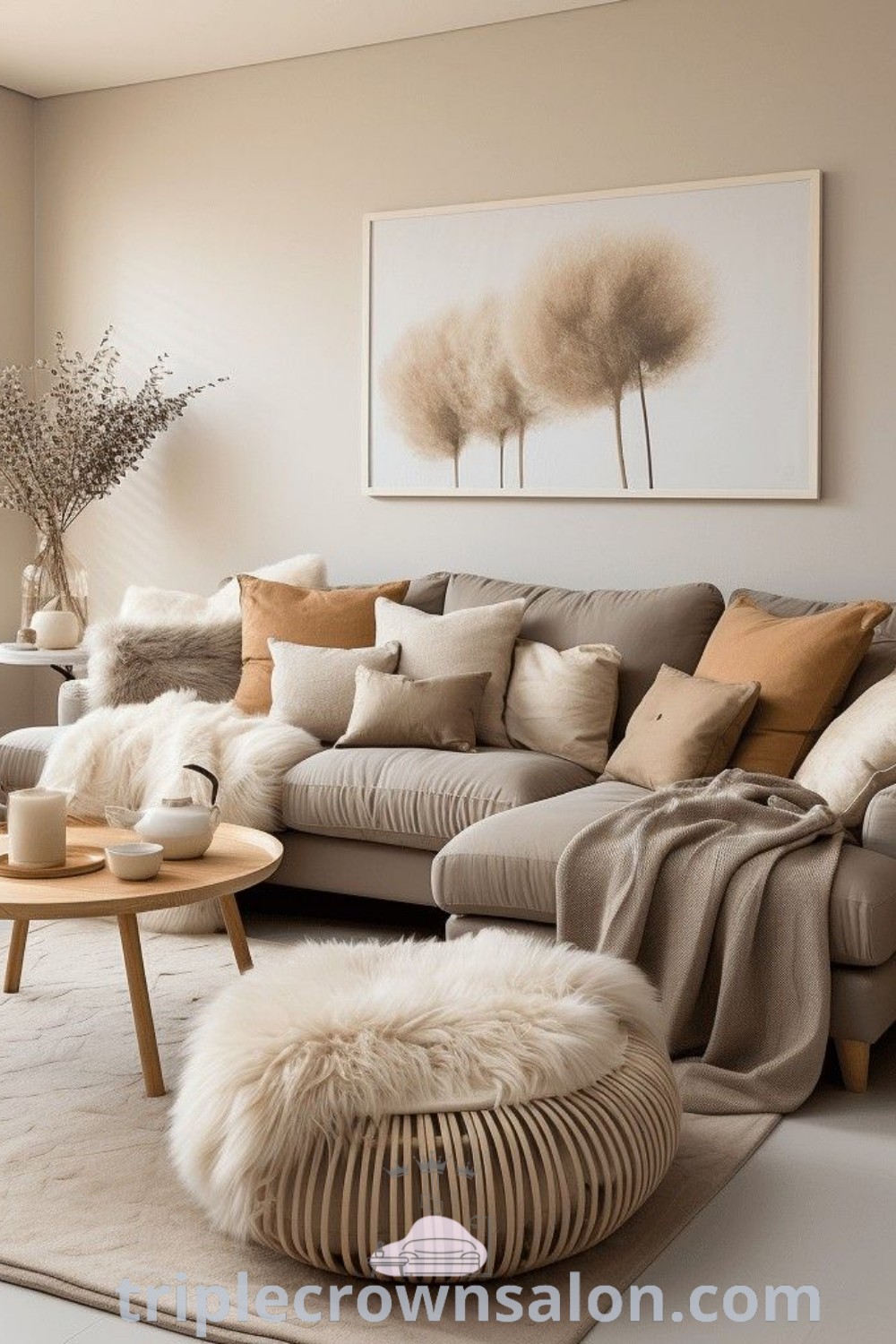 A cozy beige living room filled with furniture and pillows on a white rug, presenting classic and modern design ideas. This inviting space offers unique decor ideas for small areas while being budget-friendly. Find more design inspirations at triplecrownsalon.com.