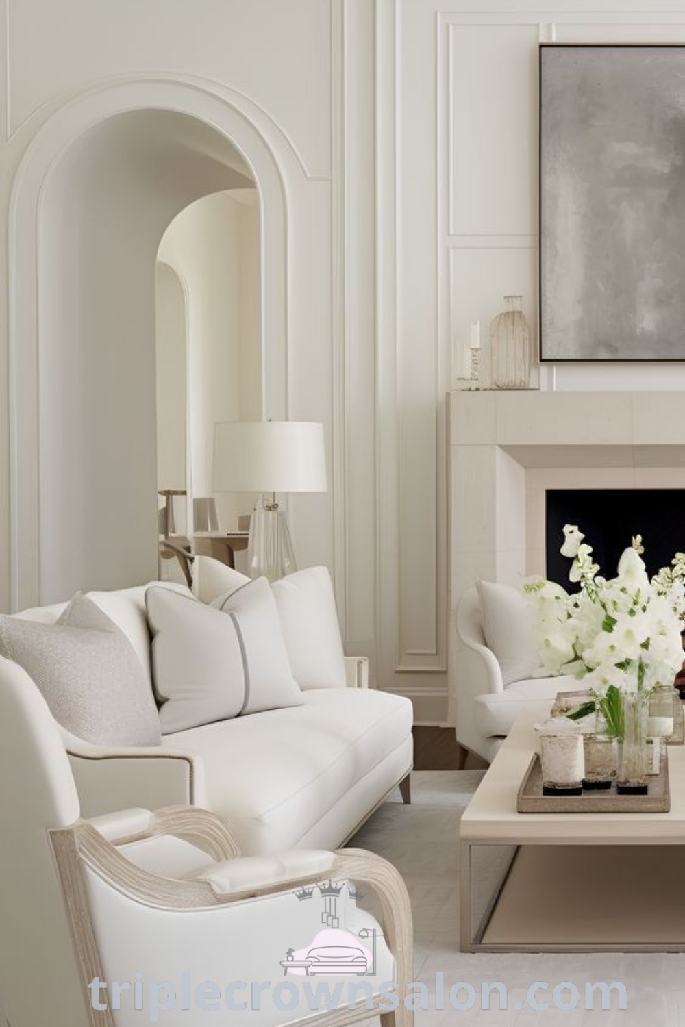 A modern romantic living room featuring cozy furniture, a fireplace, and a wall painting, showcasing elegant white living room decor and design ideas for inspiring home interiors. Discover more unique inspirations at wellnesswink.com.