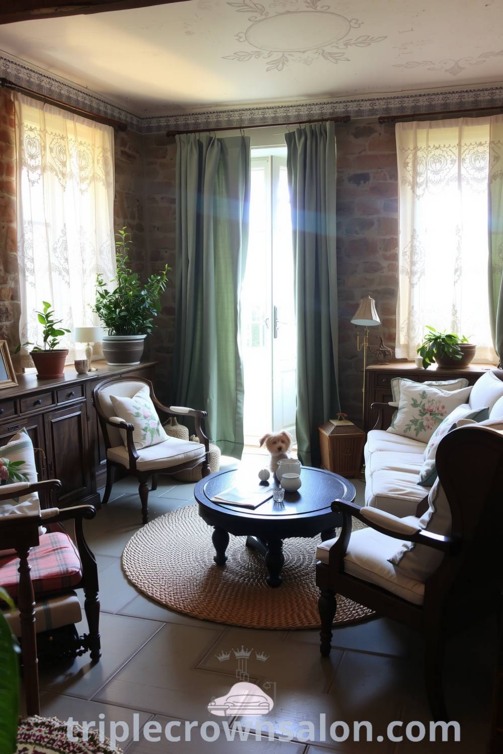 Cozy French living room featuring soft pastel colors, vintage wooden furniture, a woven rug, low coffee table, lace-trimmed curtains, and terracotta potted plants, reflecting cozy aesthetic and design ideas for a warm, inviting home. For more inspirations, visit triplecrownsalon.com.