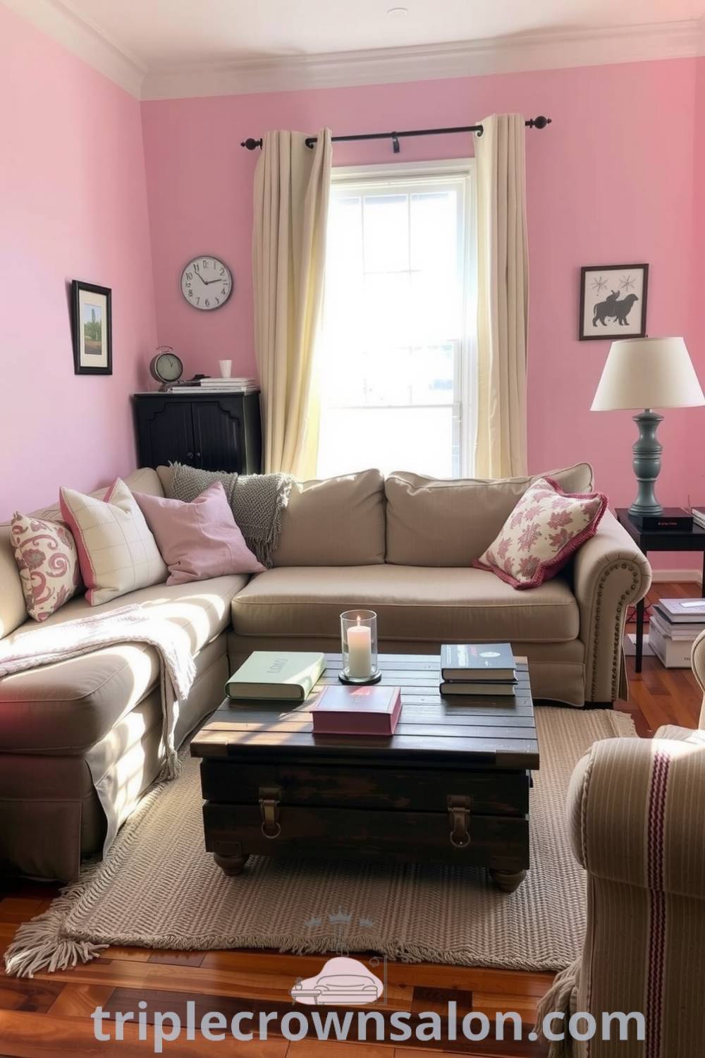 Cozy living room with soft pink walls, overstuffed sofa, reclaimed wooden coffee table surrounded by books and a candle, creating an inviting atmosphere. Discover cozy ideas and design inspirations for your home at fireplacesandwoodstoves.com.