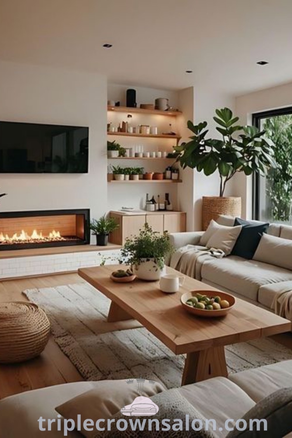 A cozy living room filled with stylish furniture and a fireplace serving as the focal point, showcasing warm decor inspirations and unique ideas for your home. Experience the inviting atmosphere perfect for relaxation with inspiring design trends and decor ideas for small spaces at triplecrownsalon.com.