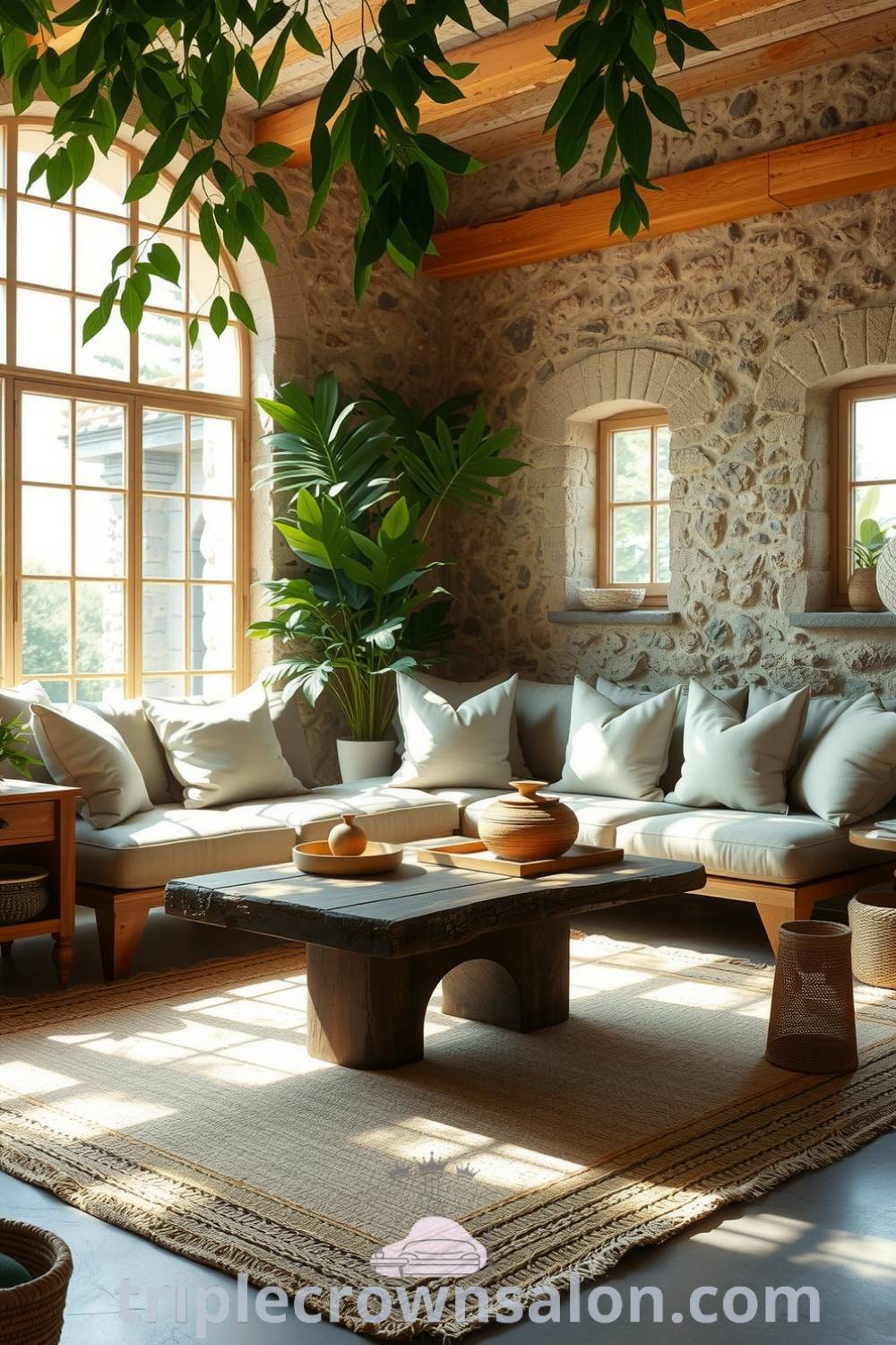 Nature-inspired living room showcasing sun-dappled light, textured stone walls, earthy greens and browns, soft linen cushions, rustic woven rug, reclaimed wood coffee table, and lush plants, reflecting cozy home decor ideas for creating a serene atmosphere; visit triplecrownsalon.com for unique design inspirations.