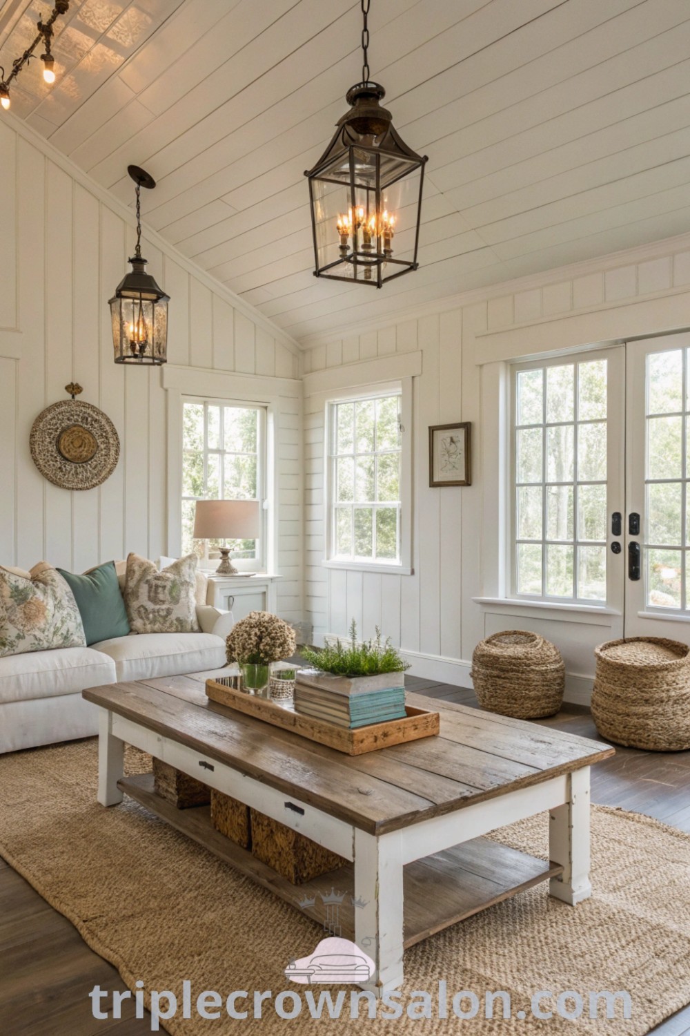 A charming farmhouse living room with rustic white shiplap walls, wood flooring, two couches, and a coffee table, showcasing cozy and inviting decor ideas for a farmhouse design. Discover unique inspirations for your home at triplecrownsalon.com.