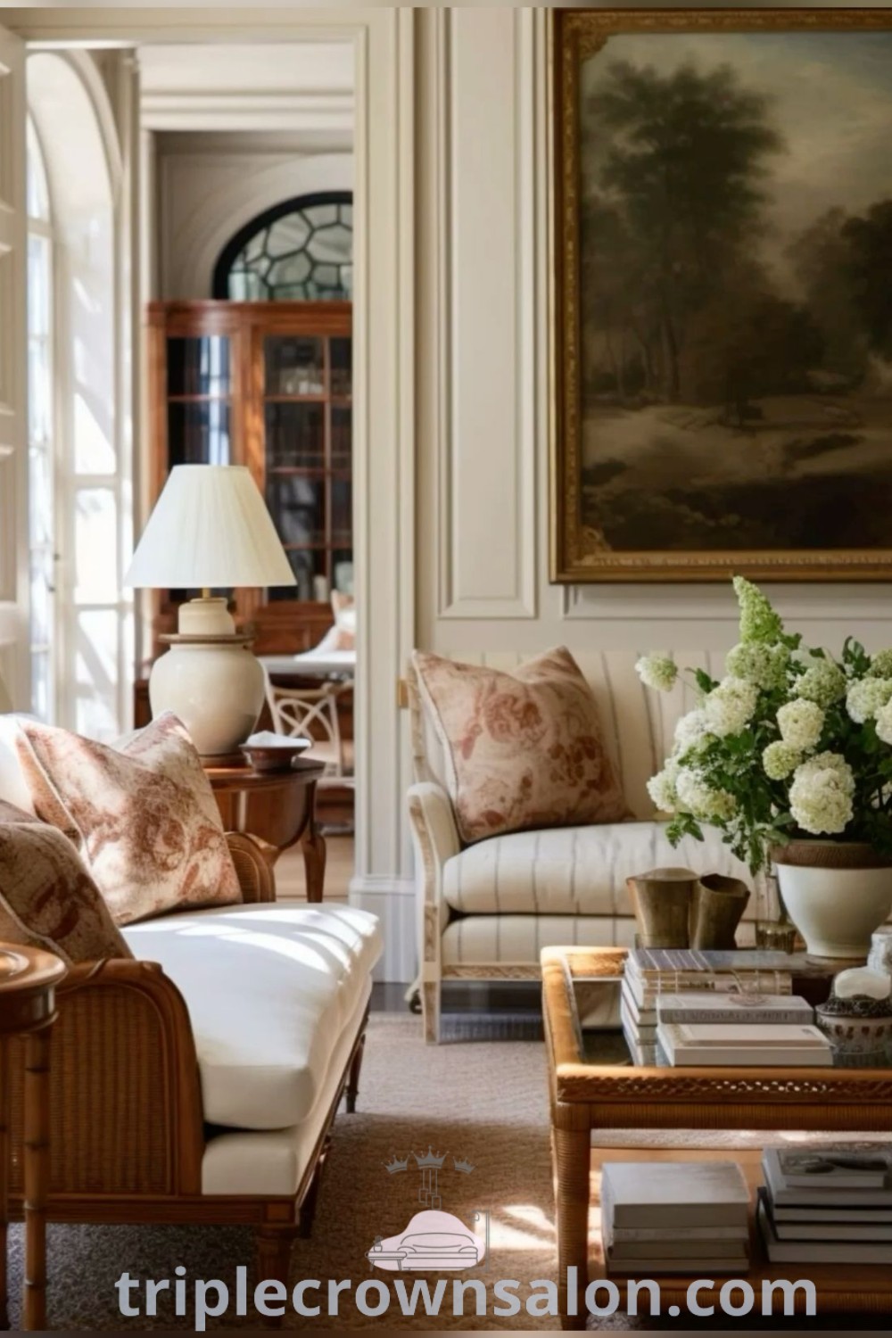 A cozy living room filled with furniture and flowers on a coffee table, showcasing Ralph Lauren and Nancy Meyers aesthetics. This decor inspires inviting, old money style home ideas for your space. Explore more design inspirations at triplecrownsalon.com.