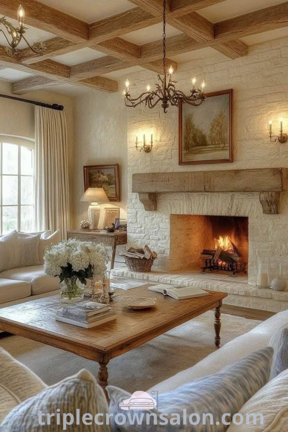 A cozy French country living room featuring elegant furniture and a fireplace, showcasing unique ideas for a warm and inviting space. Explore decor inspirations and design ideas for your home at triplecrownsalon.com.