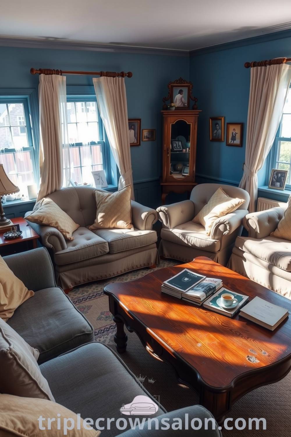 Cozy living room decorated in soft blue hues with plush sofas, an armchair, and wooden coffee table holding books and tea. Sunlight filters through sheer curtains onto hardwood floors, creating a welcoming environment perfect for gatherings. Inspiring design ideas for your home can be found at fireplacesandwoodstoves.com.