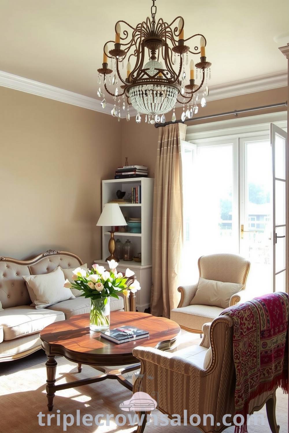 Cozy French living room with taupe walls, a plush velvet sofa, an ornate chandelier, antique wooden coffee table, and wildflowers, promoting a warm, inviting atmosphere perfect for relaxation. Visit triplecrownsalon.com for inspiring decor ideas.