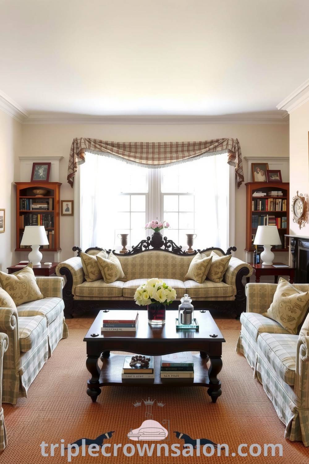 Cozy living room with a vintage fabric sofa, rich wooden accents, and family photographs, bathed in soft white tones and warm sunlight creating an inviting atmosphere, offering inspiring decor ideas and cozy inspirations for your home from fireplacesandwoodstoves.com.