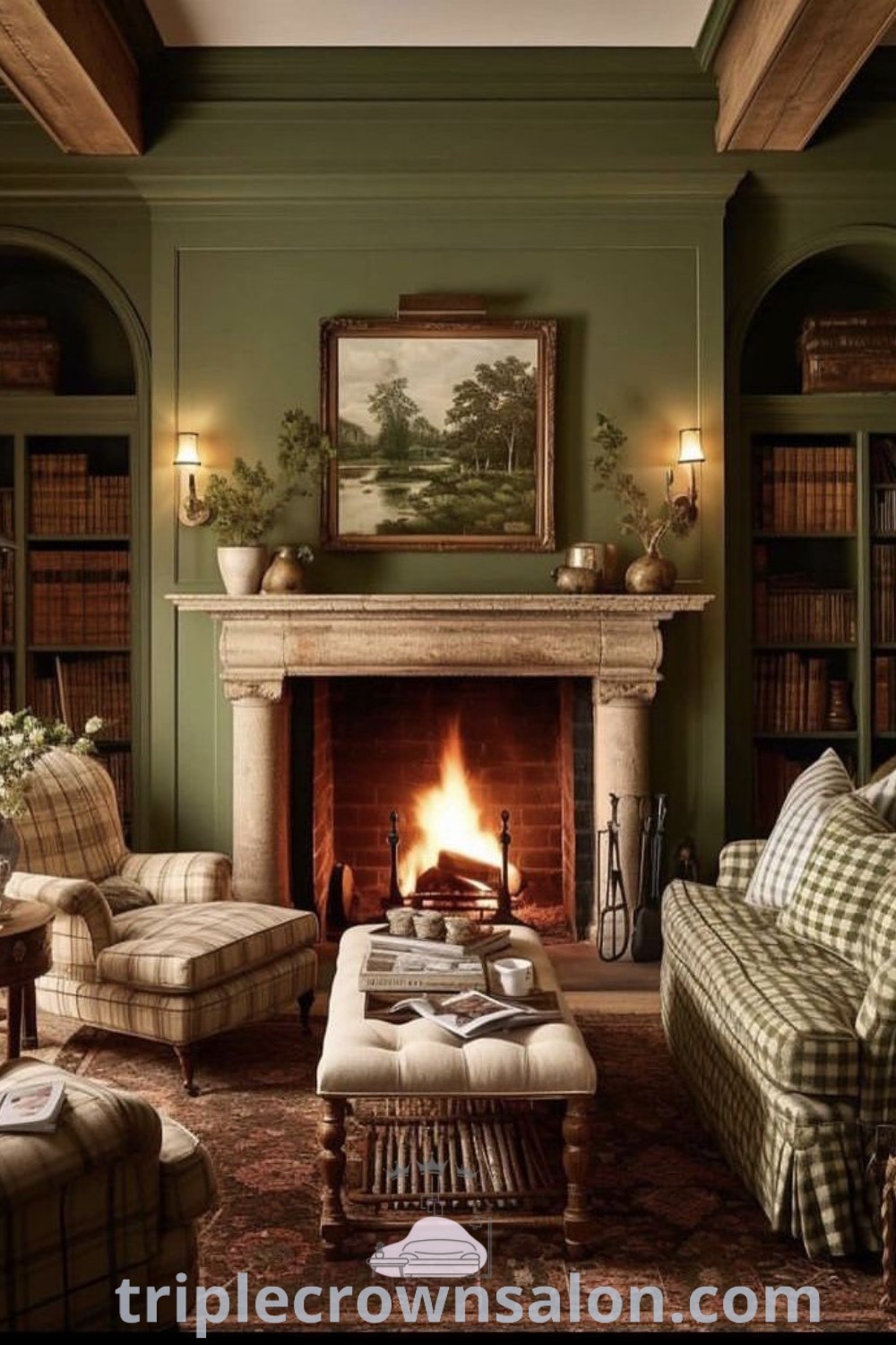 A cozy farm-style living room filled with elegant Victorian furniture and a welcoming fireplace, showcasing inspiring design ideas and cozy aesthetics for your home. Explore more decor ideas and inspirations at triplecrownsalon.com.