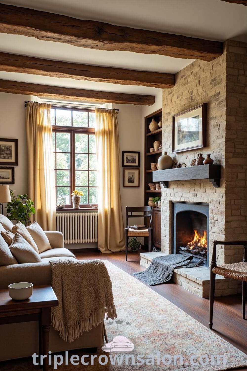 Rustic living room with warm sunlight, cozy knit throws on a sofa, a stone fireplace, and decor inspirations of vintage photographs and handmade pottery, featuring cozy ideas for your home from fireplacesandwoodstoves.com.