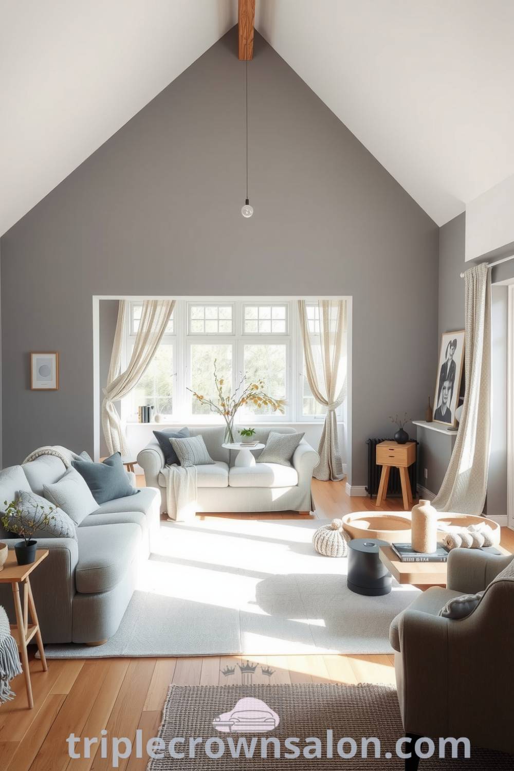 Scandinavian living room with a soothing grey palette, a plush light grey sofa with knitted throws, rustic coffee table, and minimalistic art, enhanced by natural wood finishes and gentle sunlight, showcasing cozy ideas for your home at triplecrownsalon.com.