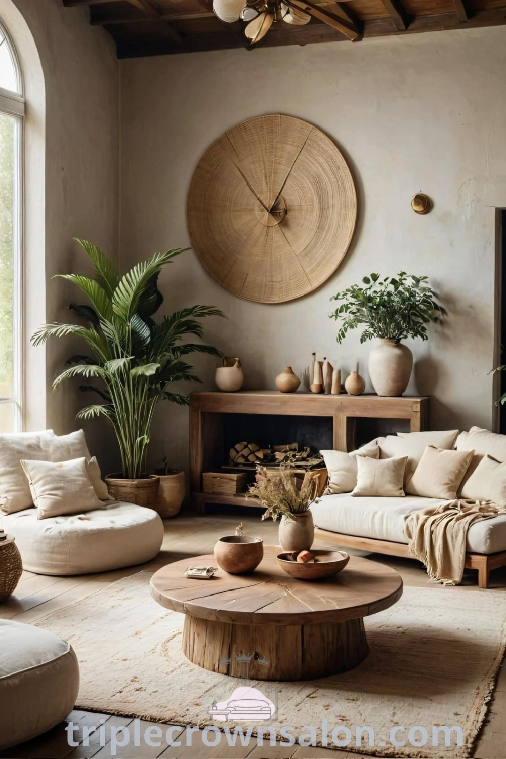 A modern Mediterranean living room filled with furniture, plants, rustic wood accents, and woven wall art, embodying a cozy aesthetic that inspires unique ideas for your home. Explore more decor inspirations at triplecrownsalon.com.