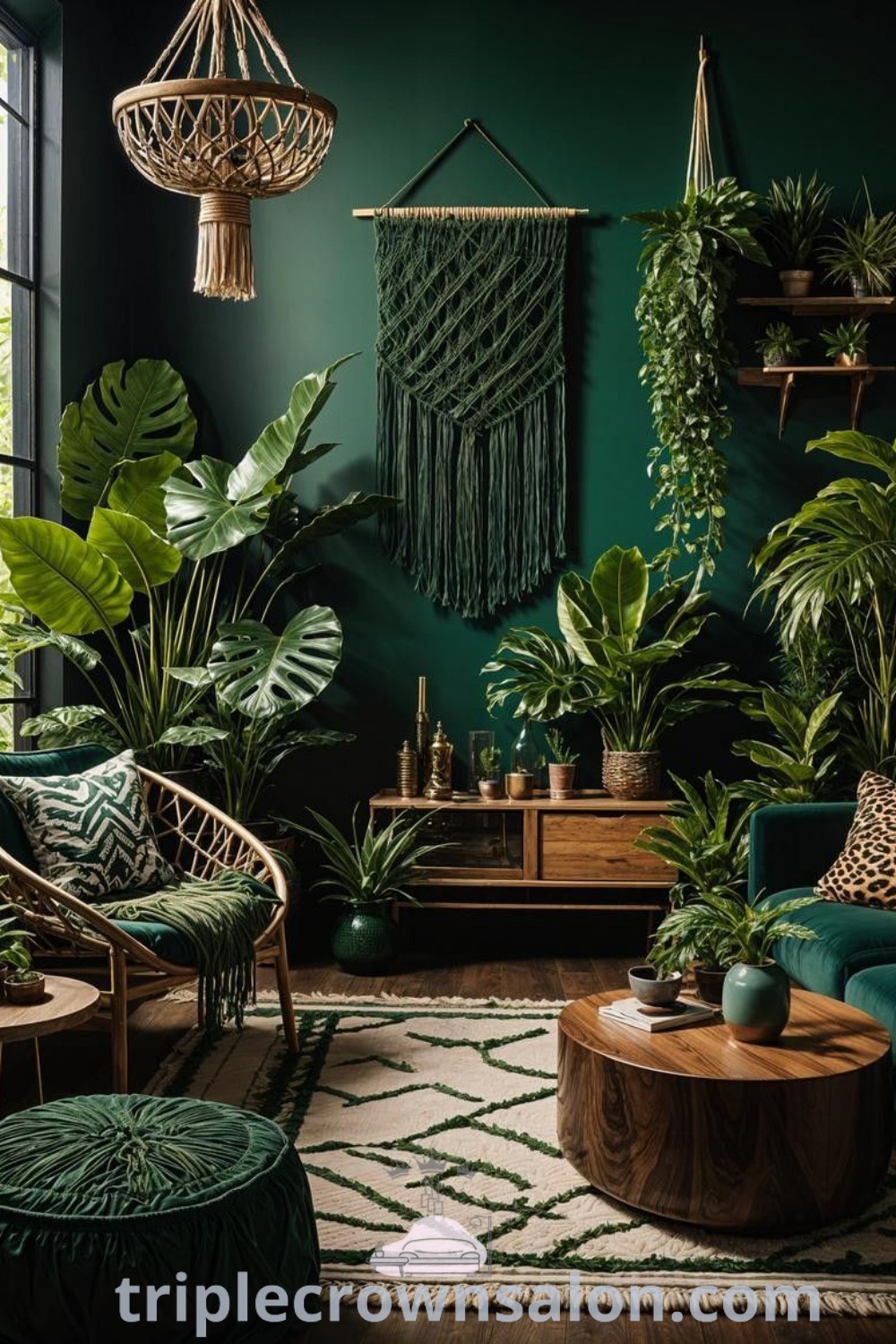 A dark boho living room featuring a variety of green plants, creating a cozy and inviting atmosphere. This space showcases unique decor ideas, blending nature with stylish design elements for your home. Discover more inspiring decor inspirations at triplecrownsalon.com.