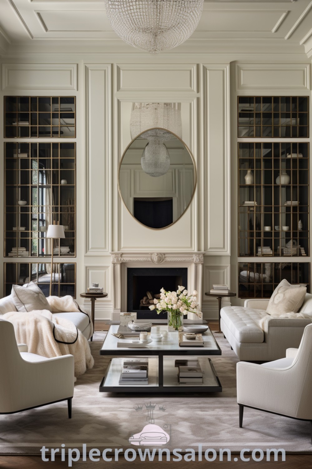 A cozy living room filled with stylish furniture, a warm fireplace, and a mirror on the wall, featuring light aesthetic decor ideas and elegant room molding. This transitional design blends comfort and style, offering inspirations for your home. Explore more decor ideas at wellnesswink.com.