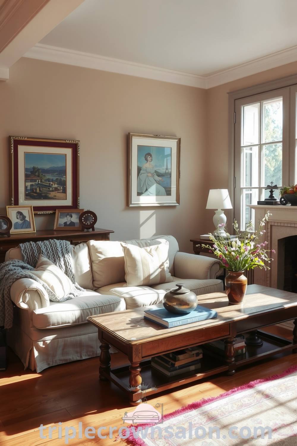 Cozy French living room with soft taupe walls, rich oak flooring, a plush faded sofa, vintage coffee table with wildflowers, ample natural light, and art-filled decor, offering inspiring ideas for your home on triplecrownsalon.com.