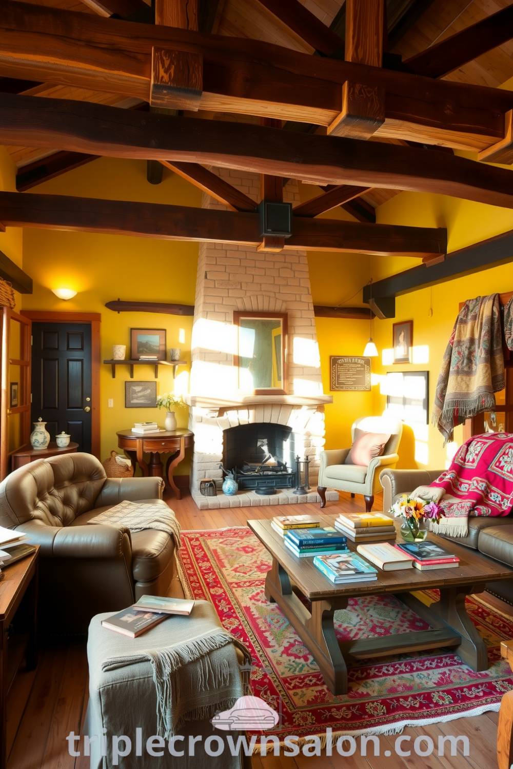 Cozy rustic living room featuring yellow walls, wooden beams, a leather couch, a stone fireplace, handmade quilts, and a distressed coffee table with books and dried flowers, offering inspiring decor ideas for a cozy home at triplecrownsalon.com.